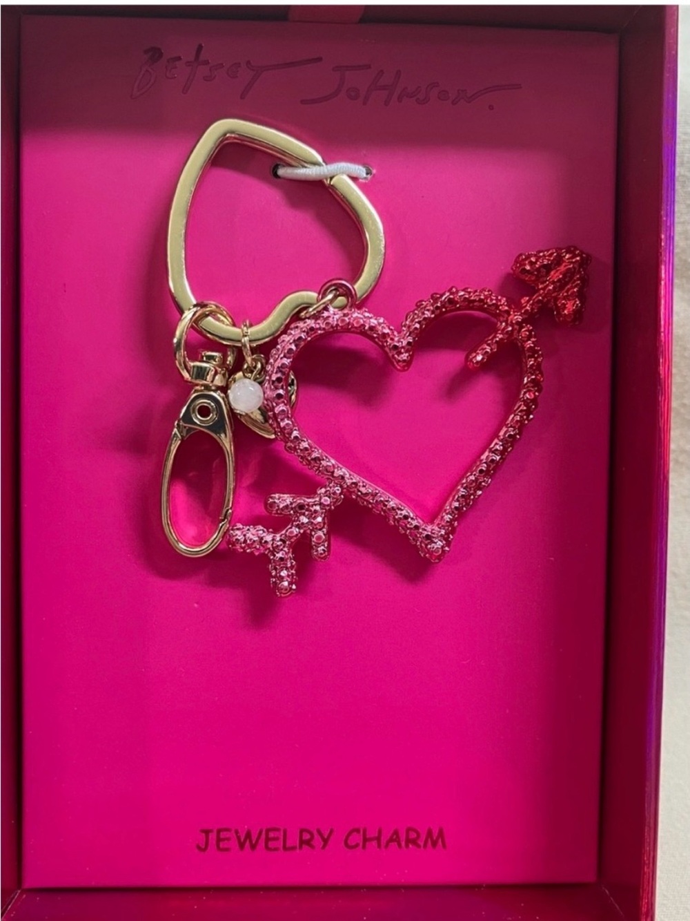 Betsey Johnson Pink Crystal Heart Arrow Keyring with Gold Clip